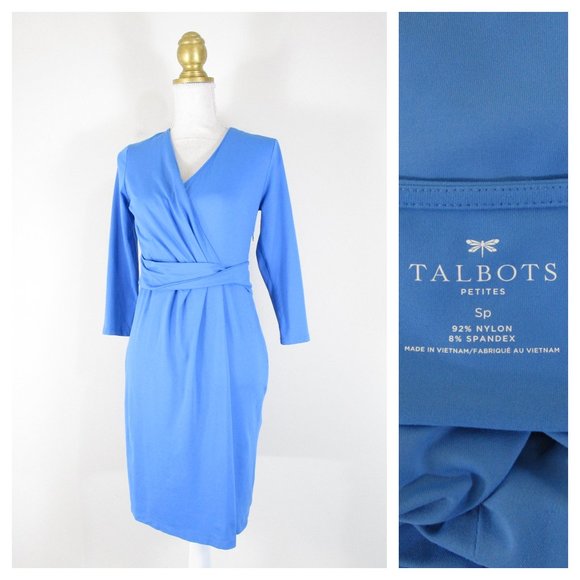 Talbots Womens Petite Solid Blue V-neck Faux Wrap Sheath Dress Size SP - Picture 1 of 9